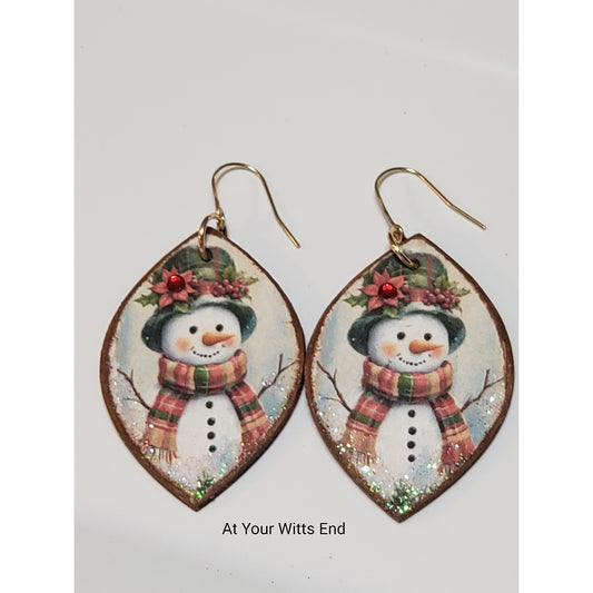 Wooden Decoupage Earrings (snowman with poinsettia hat, pointed oval