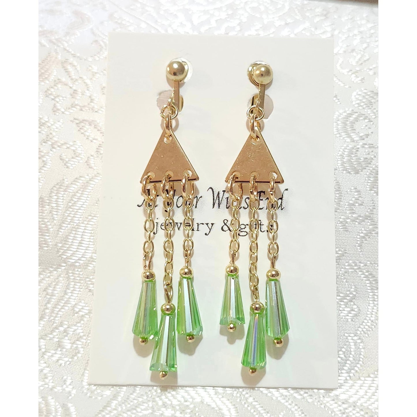 Dazzling Gold Triangle Chandelier Earrings with Green Cone Crystals