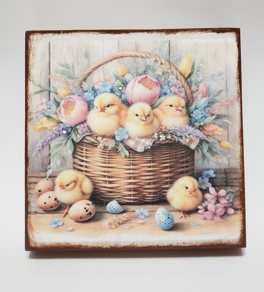 Easter Chicks in Basket decoupage wood block