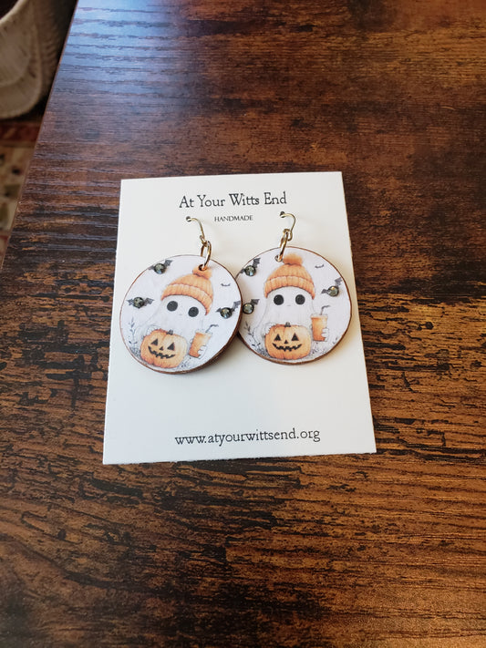 Wooden Decoupage Earrings (Ghost with Orange Hat) round