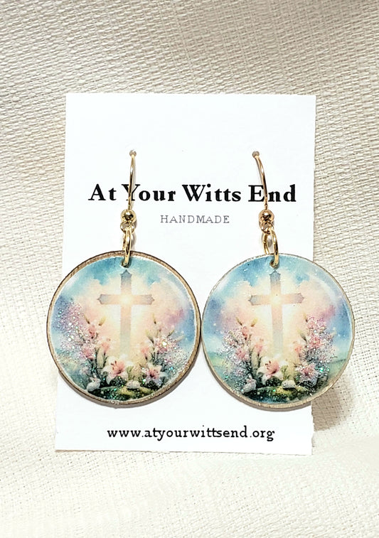 Pretty Easter Decoupage Wood Earrings with Cross