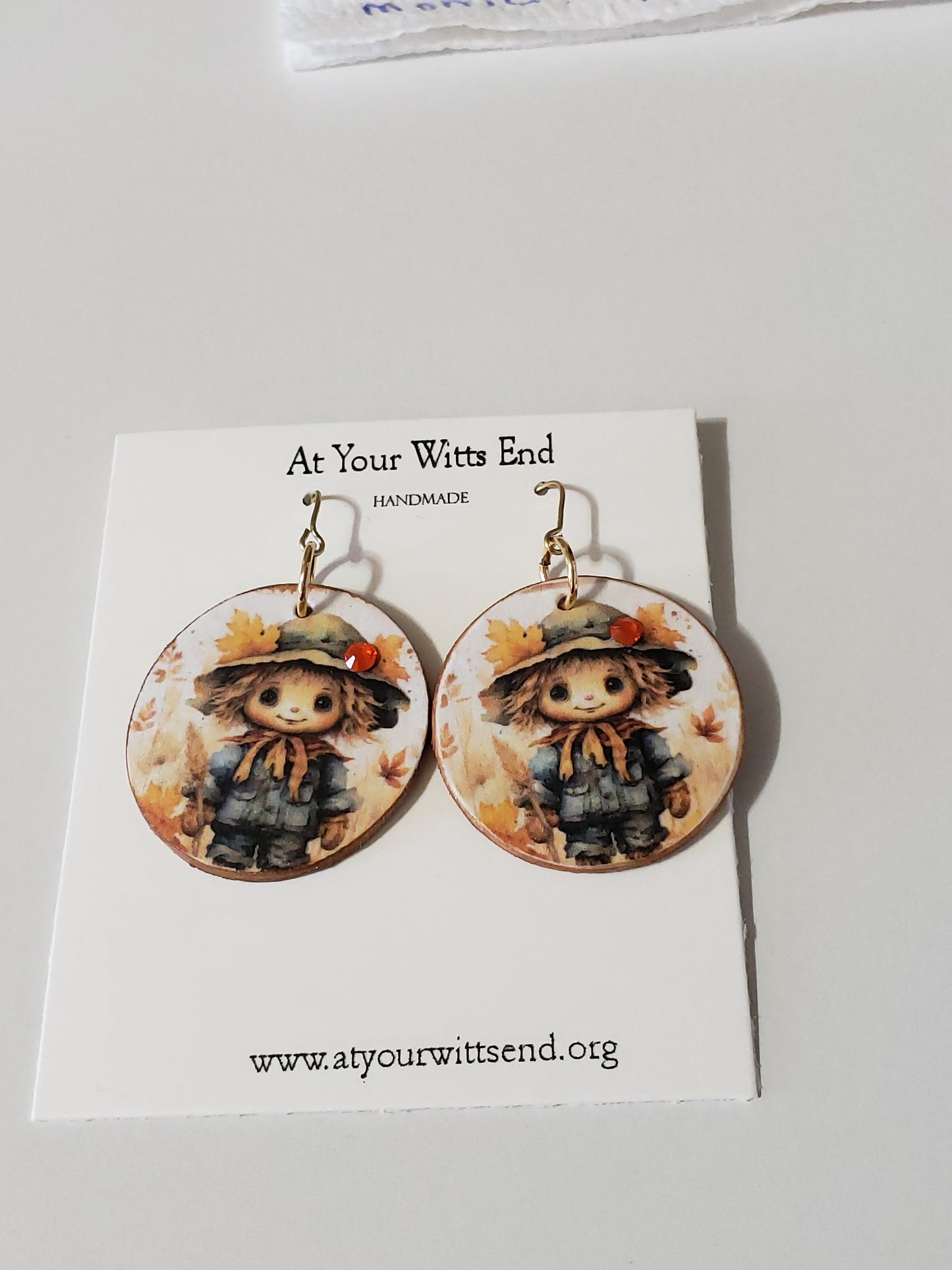 Wooden Decoupage Earrings (Scarecrow) round