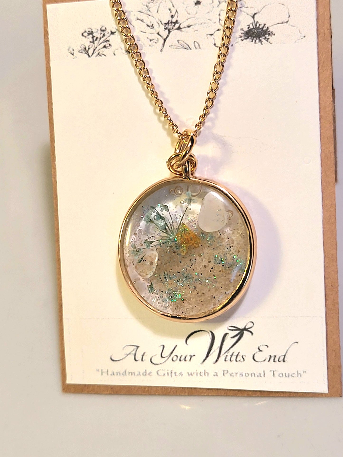Pressed Queen Ann's Lace & Shell Necklace, resin, beach jewelry