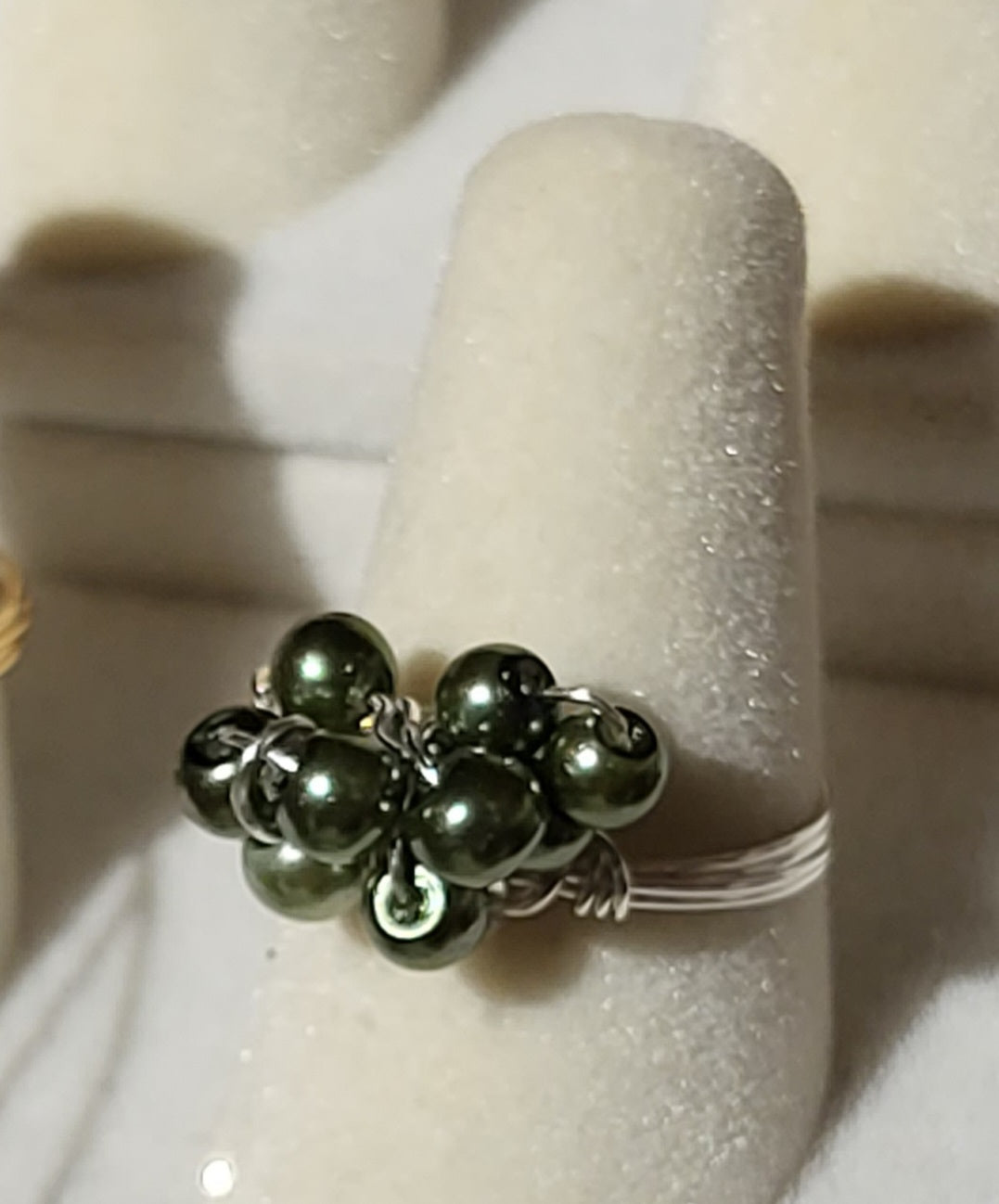 Tiny Hunter Green Pearl Cluster Ring. Silver tone. Size 7.5
