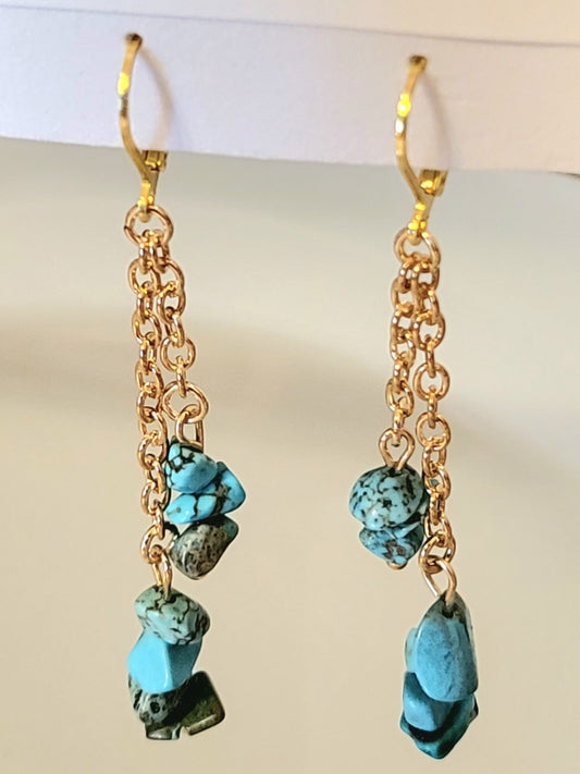 Turquoise Gem Stone Dangle Earrings  gold tone