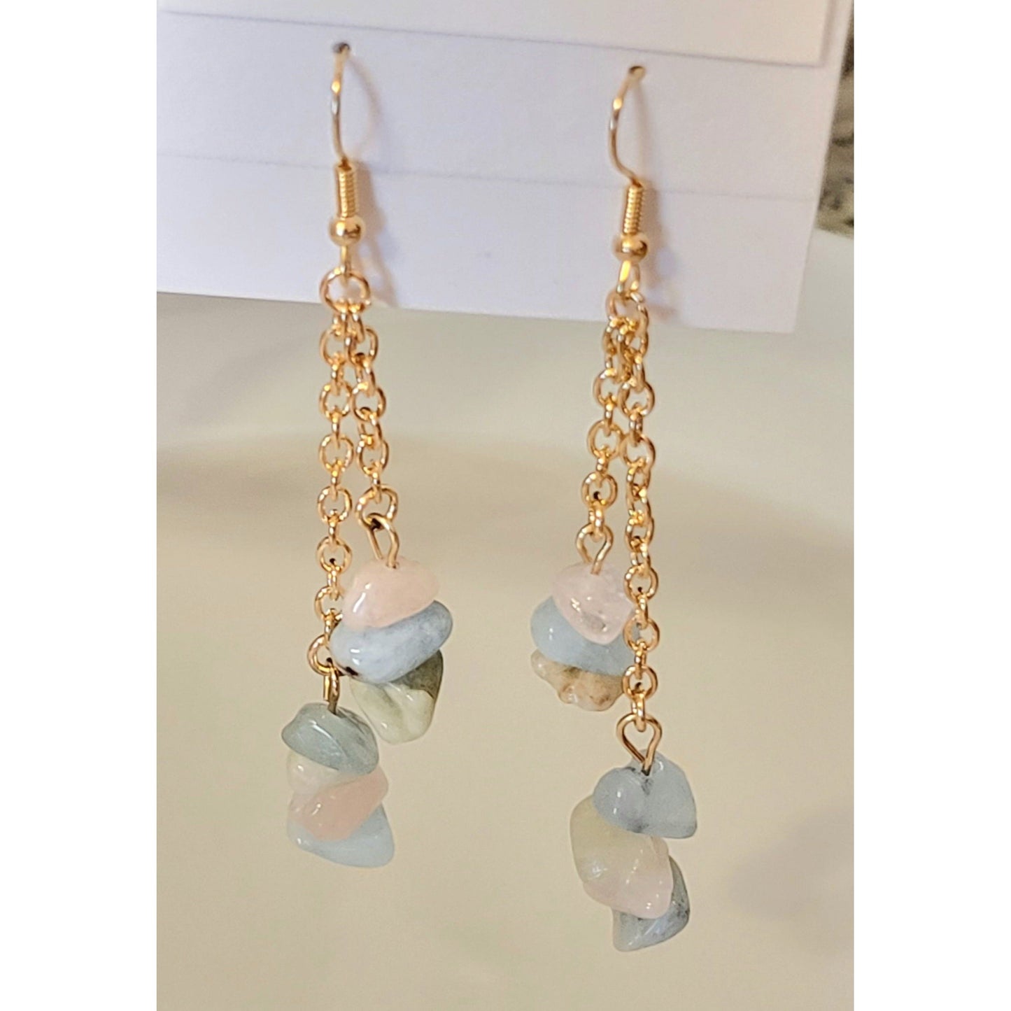 Morganite Gem Stone Dangle Earrings gold tone