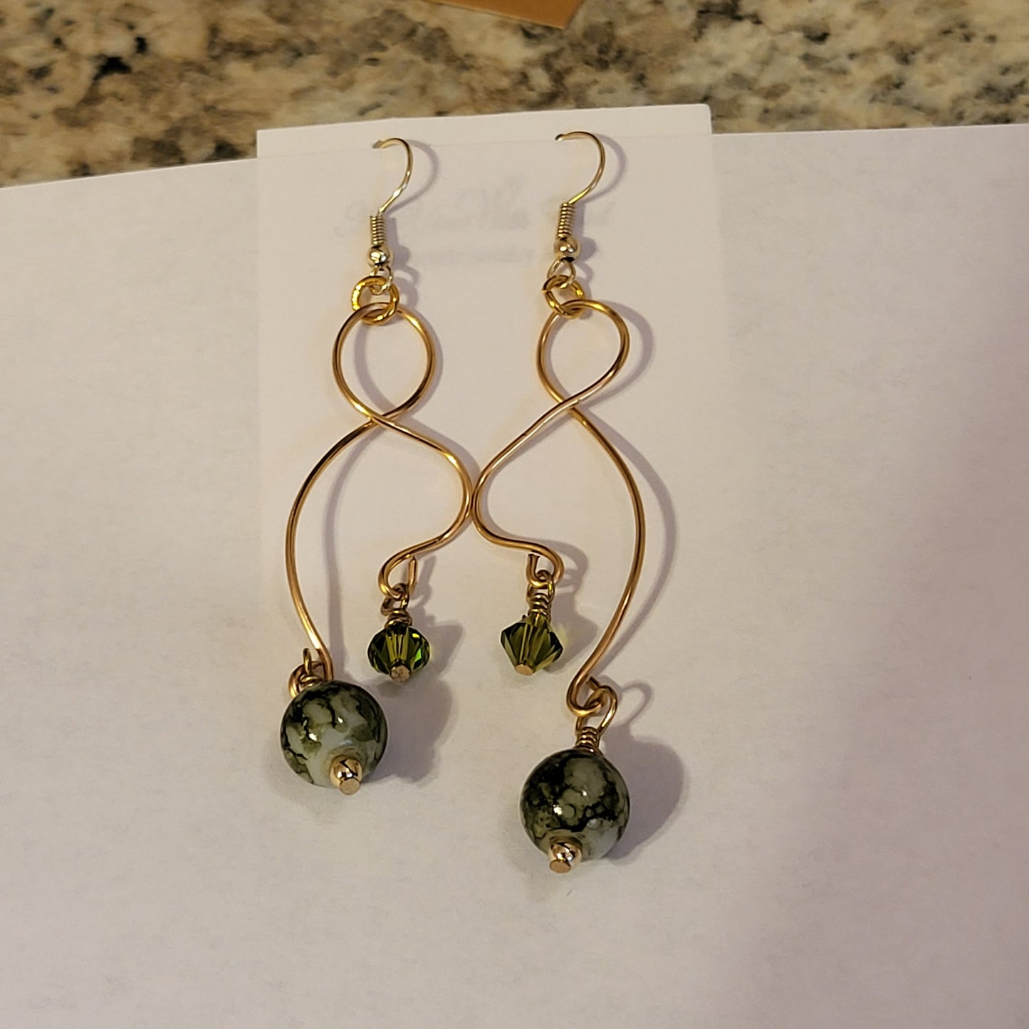 Long Twisted Wire with Green Bead Earrings