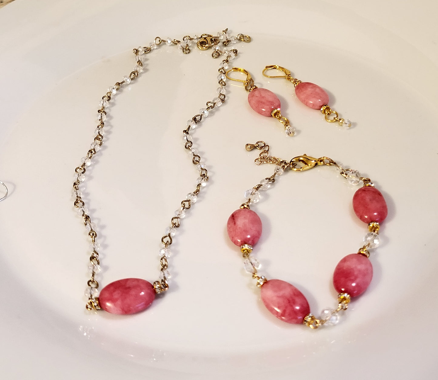 Pink Oval Agate & GoldDrop Earrings