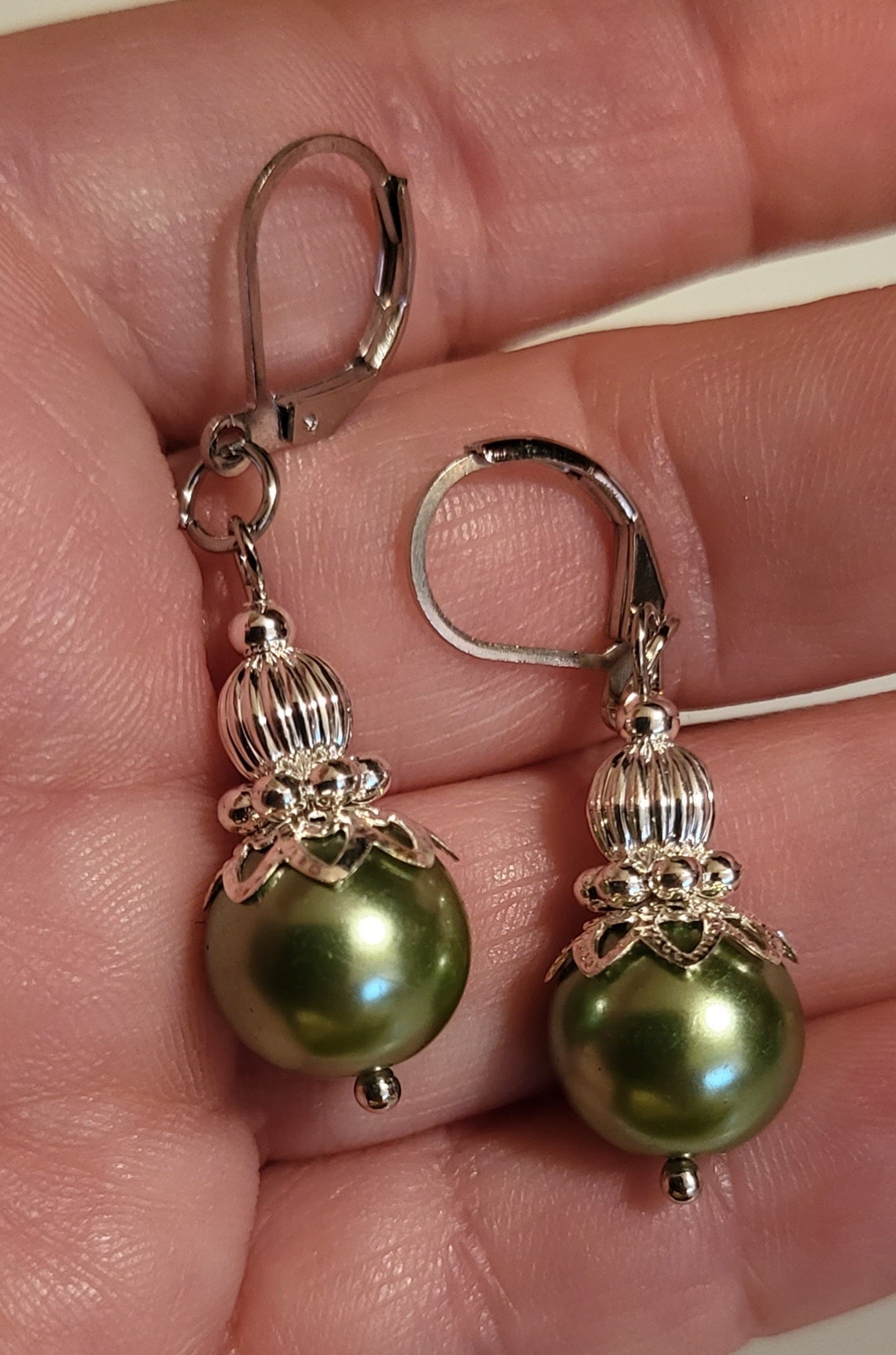 Pearl Earrings sage green or red with silver caps