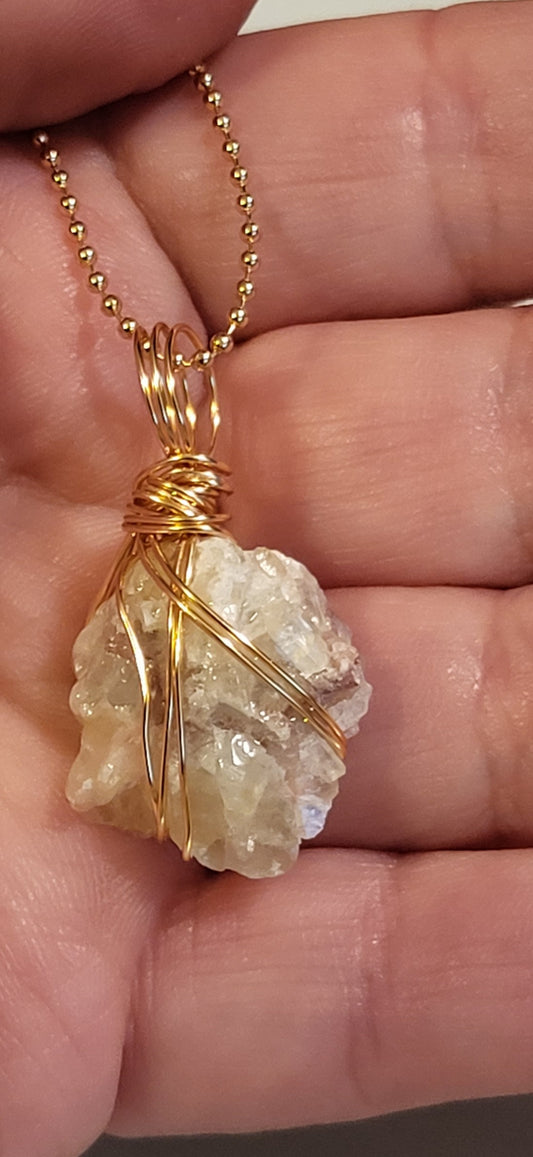 Wire Wrapped Raw Green Calcite Necklace
