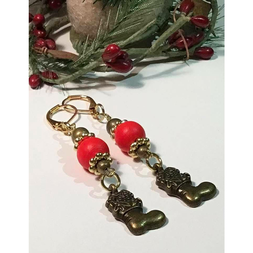 Red & Green Christmas Bracelet with wood and bronze beads with stocking charm