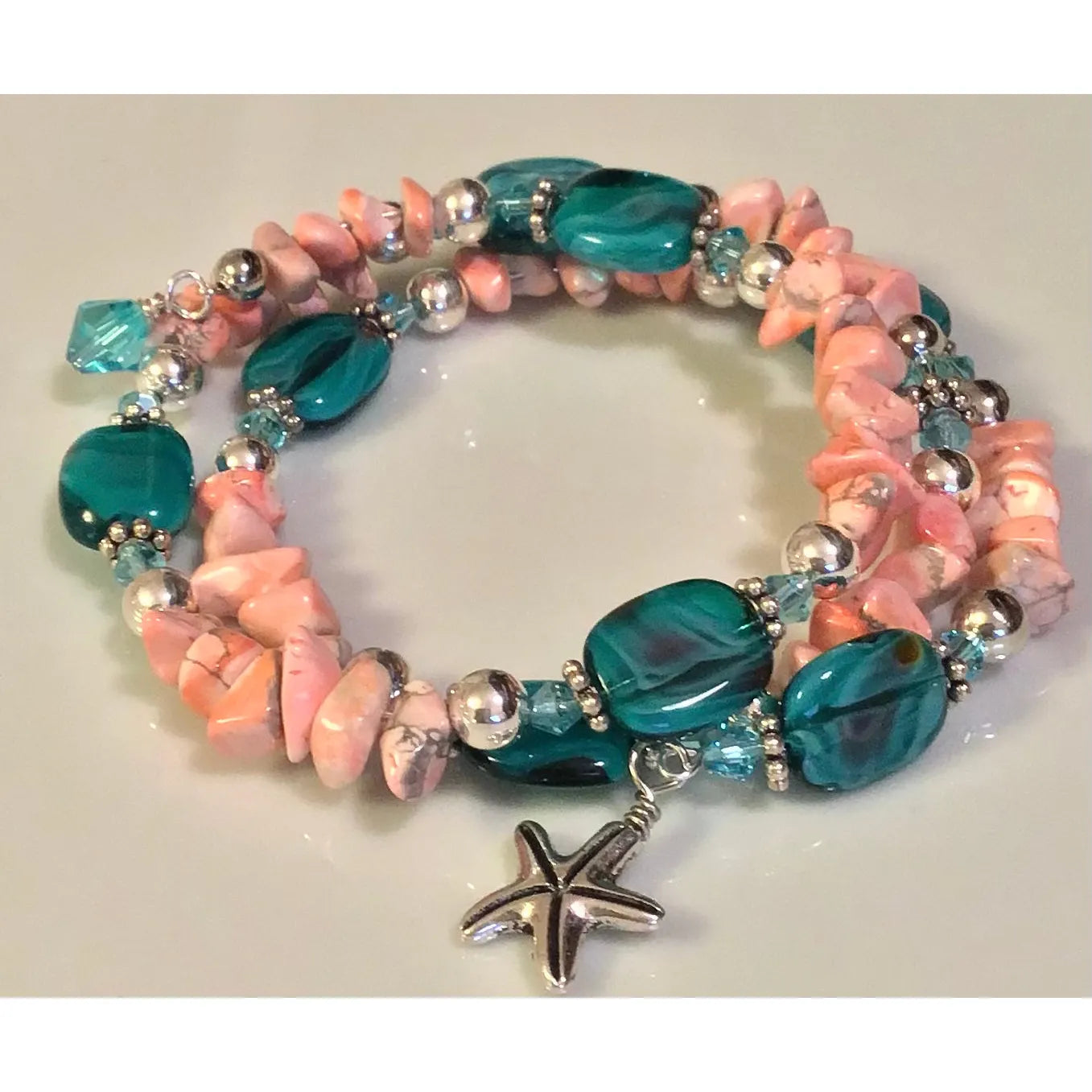 Coral and Turquoise Wire Wrap Bracelet, "Take Me to the Beach"