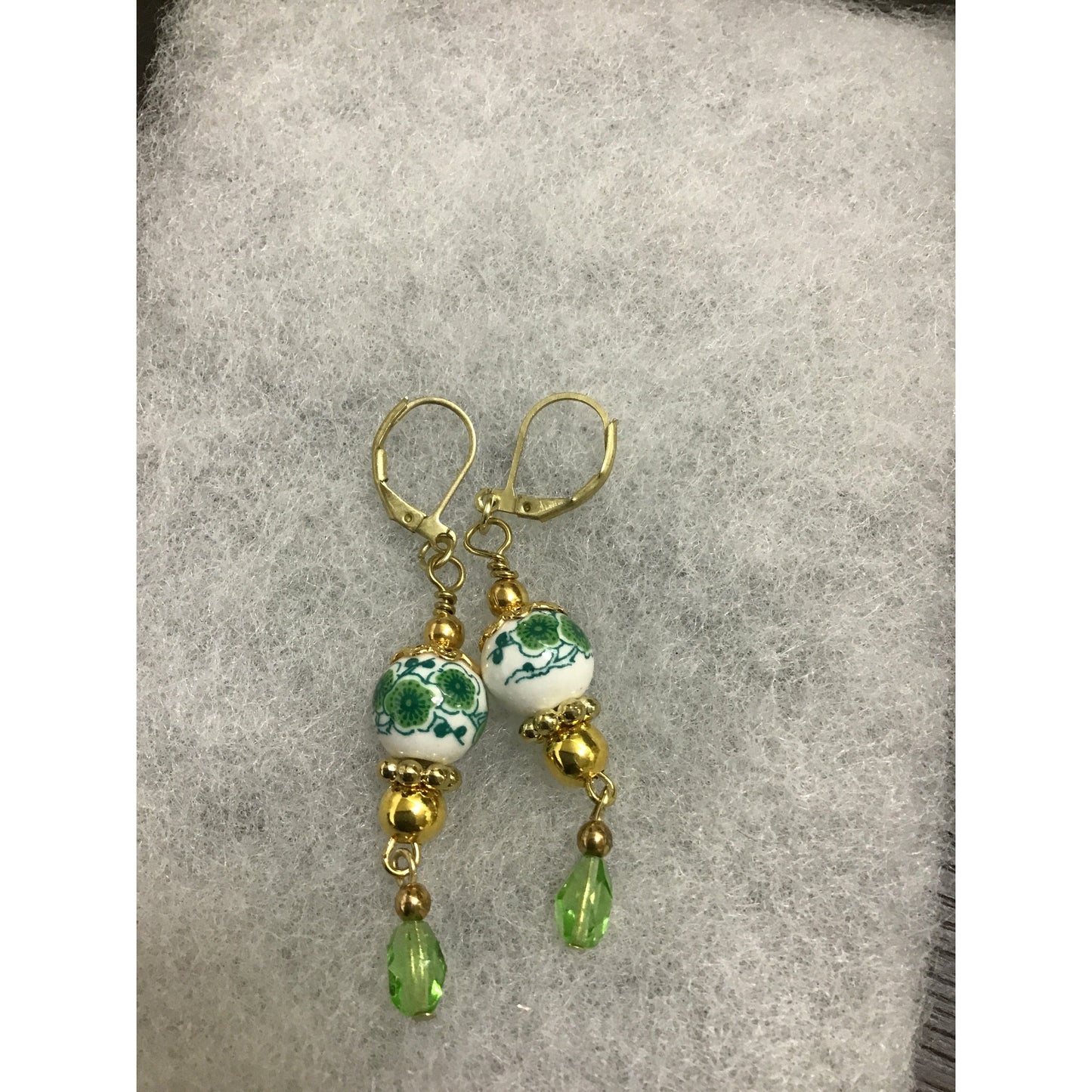 Green flower earrings gold leverbacks