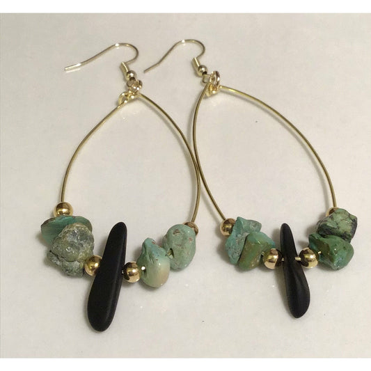 Green Jasper & Black Hoop Earrings.