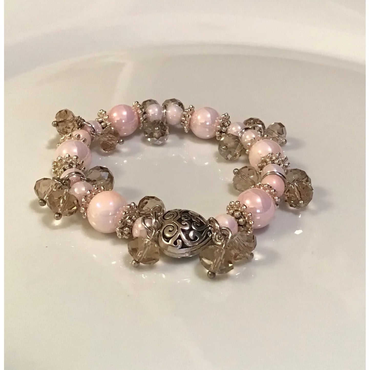 Elegant Pink Bead & Crystal Stretchy Bracelet