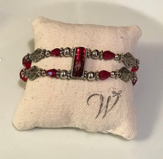 Deep Red & Silver Double Strand Stretchy Bracelet