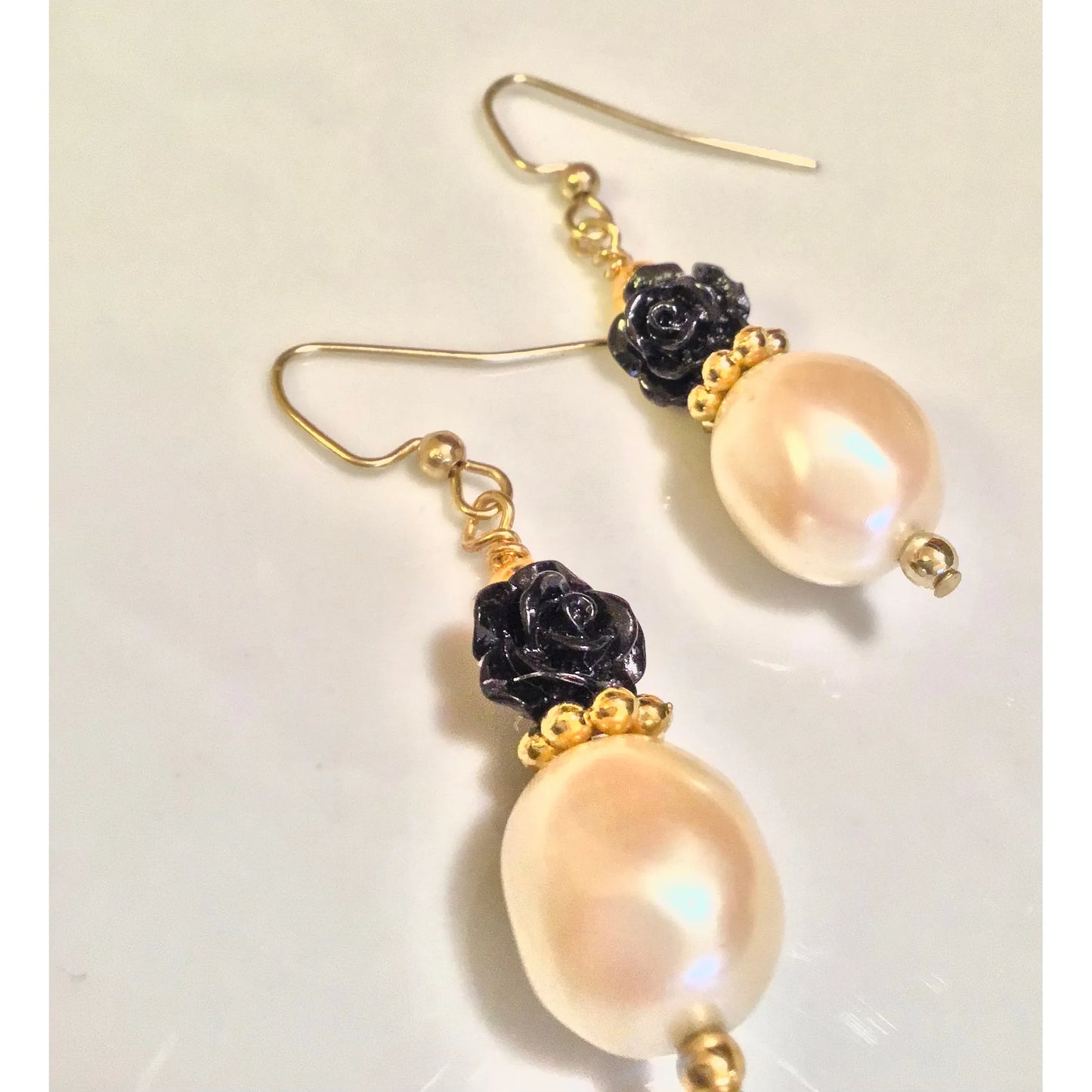 Black Rose & Cream Pearl Earrings