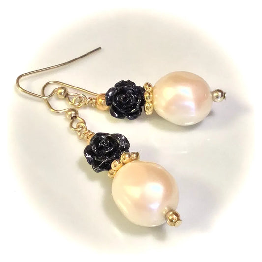 Black Rose & Cream Pearl Earrings