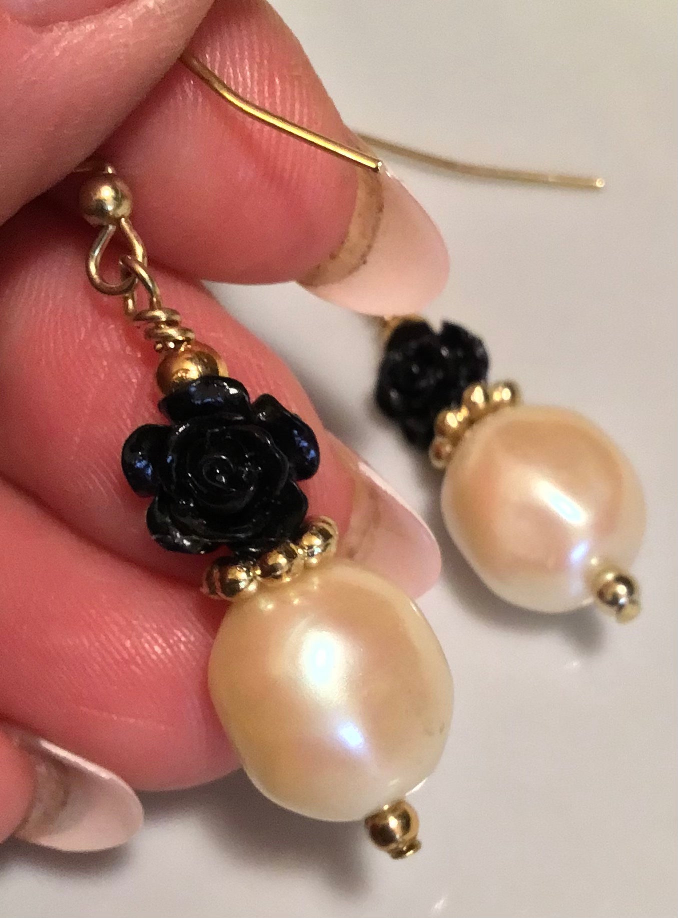 Black Rose & Cream Pearl Earrings