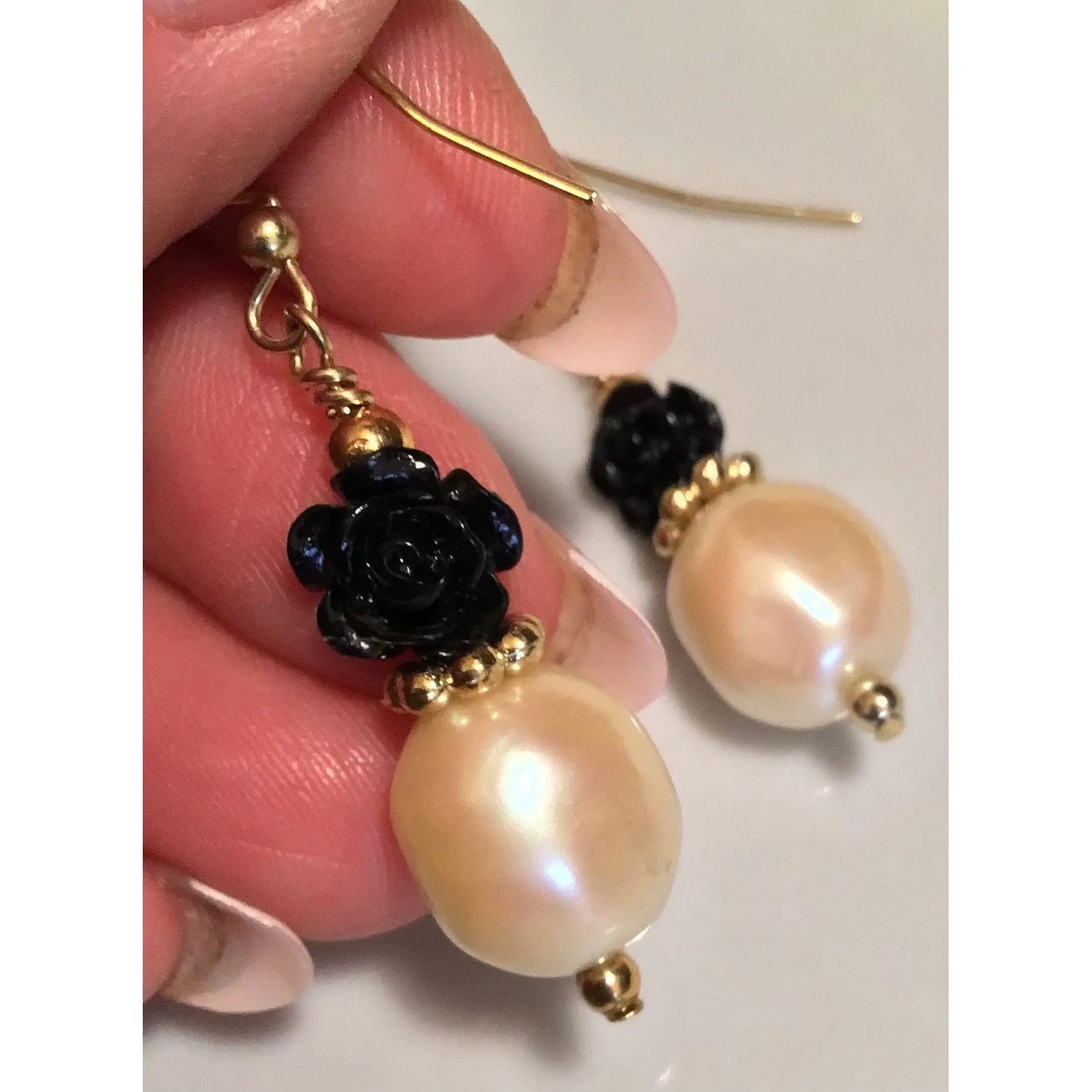 Black Rose & Cream Pearl Earrings