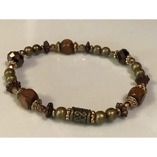 Wood & Antique Gold Metal Bracelet