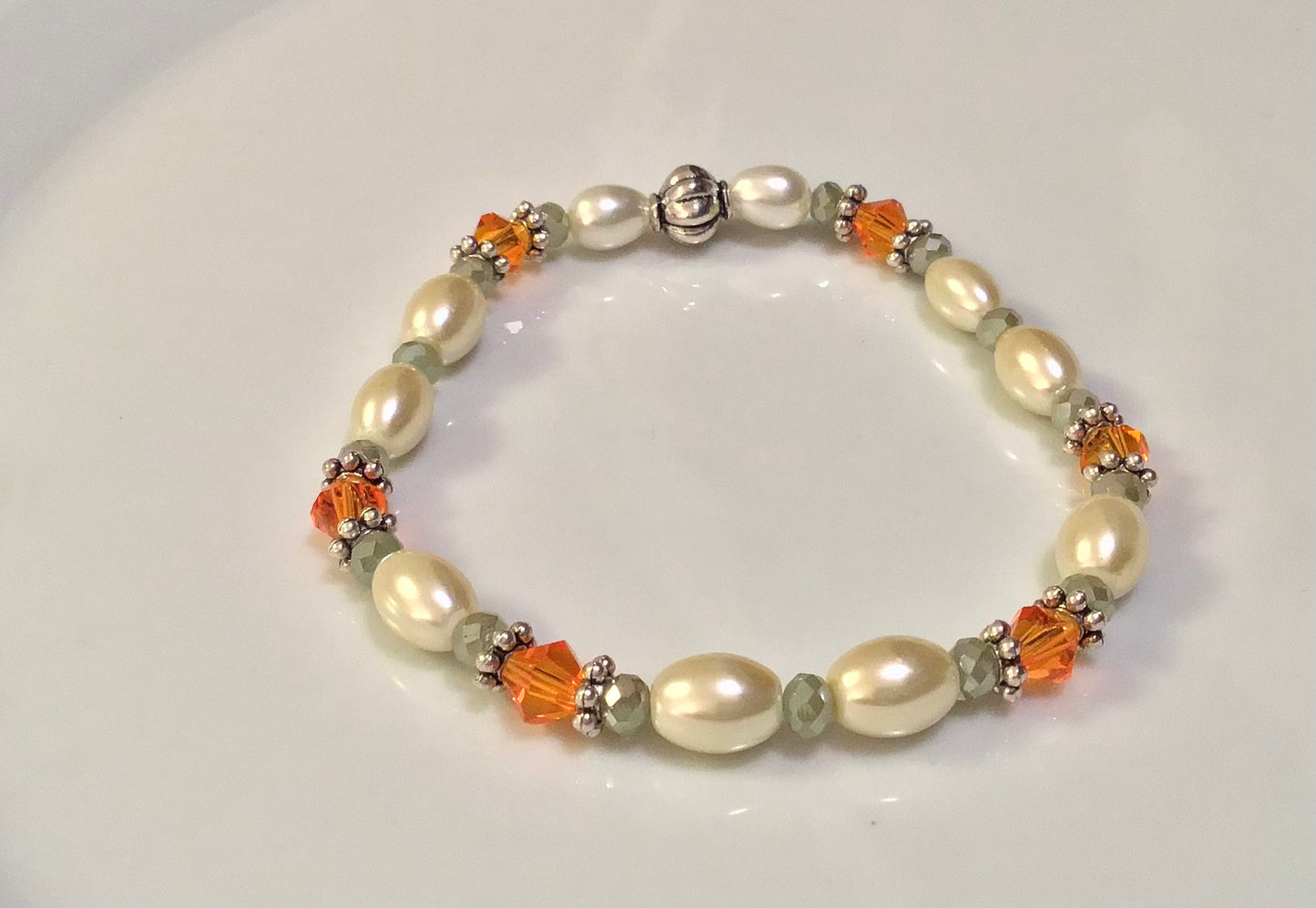 Cream Pearl, Orange & Sage Crystal Stretchy Bracelet