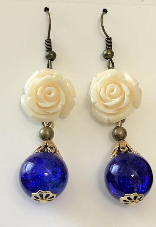 Pretty Rose Earrings with Deep Blue Crystal