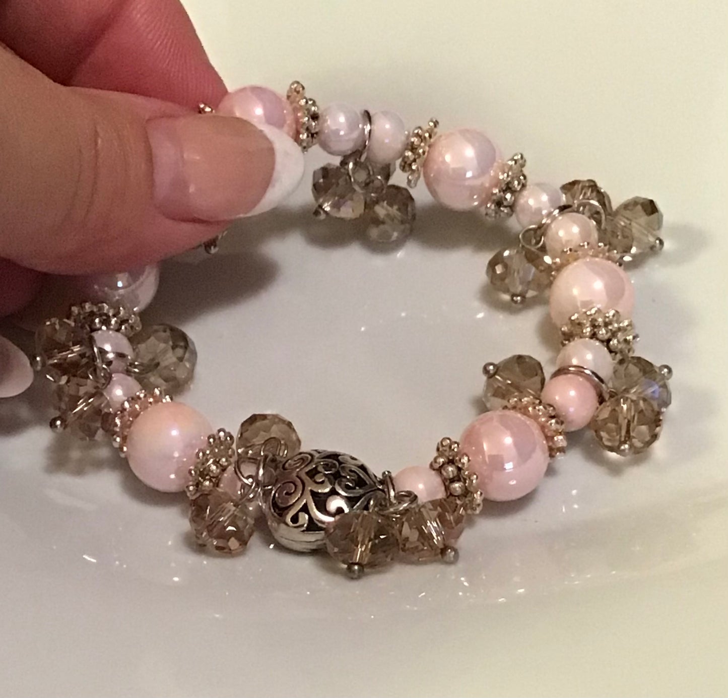 Elegant Pink Bead & Crystal Stretchy Bracelet