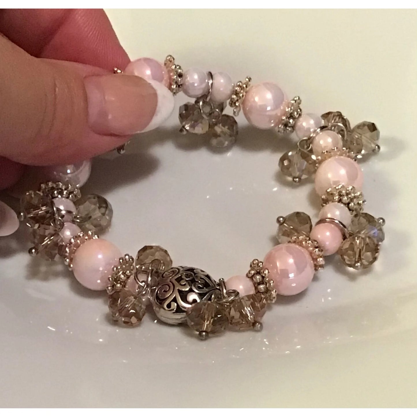 Elegant Pink Bead & Crystal Stretchy Bracelet