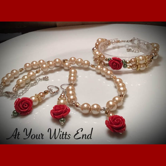 Gorgeous Red Rose & Pearl Necklace